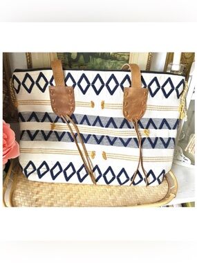 Noonday Collection Aventura Woven & Leather Tote Bag in Navy Blue & Yellow